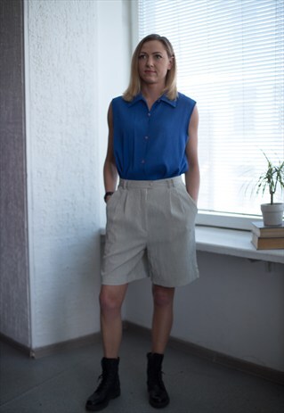 VINTAGE 80'S YELLOW/GREY STRIPED HIGH WAIST SHORTS