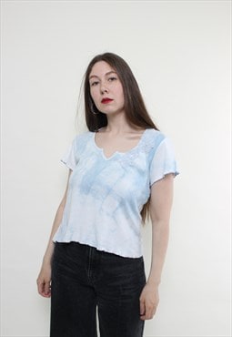 Vintage 90s cropped blouse, blue tie dye top summer cotton 