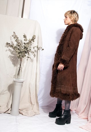 VINTAGE SHEARLING COAT 70S SHEEPSKIN HOODED WINTER COAT