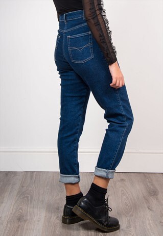 VINTAGE 90'S DARK BLUE DENIM HIGH WAIST MOM JEANS