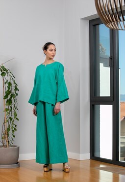 Linen Set of Palazzo Pants and Loose Tunic in Emerald Green