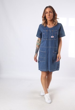DENIM DRESS BICH REWORKED SHORT VINTAGE UK 10-12 (5AE)