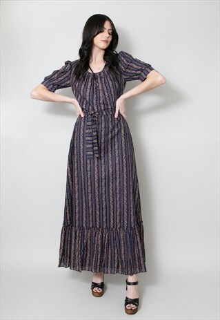 70'S VINTAGE LADIES DRESS BLUE FLORAL PRAIRIE DITZY MAXI