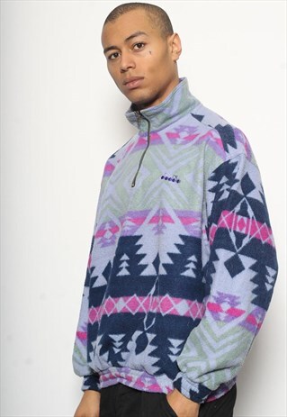 VINTAGE DIADORA 1/4 ZIP AZTEC FLEECE BLUE