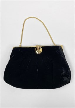 80's Black Velvet Gold Chain Ladies Evening Diamante Bag