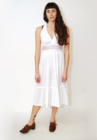 VINTAGE HALTER DRESS (S-L) EMBROIDERED GAUZE 70S HIPPY BOHO