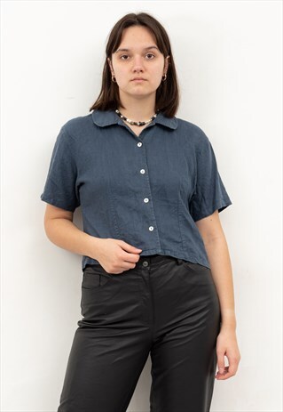 LINEN BUTTON UP CROPPED OVER SHIRT SHORT SLEEVED BLOUSE TOP