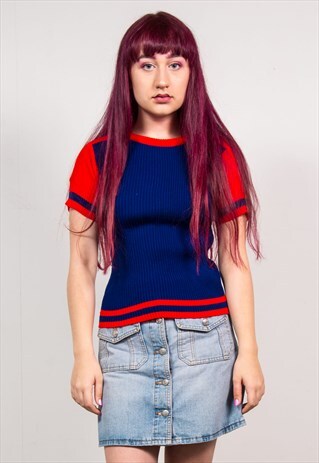 VINTAGE 70'S NAVY BLUE & RED KNIT RIBBED SHORT SLEEVE TOP
