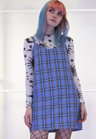 DREAMING TARTAN CHECK SLIP DRESS IN PASTEL BLUE