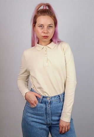 VINTAGE 90'S POLO SHIRT / JUMPER / LONG SLEEVES TOP IN CREAM