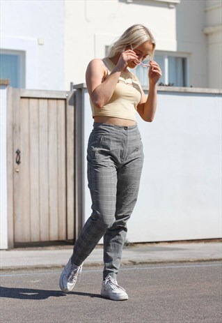 GREY CHECK PLEAT TROUSERS