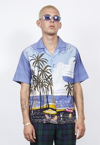 VINTAGE 60'S BLUE BEACH PRINT HAWAIIAN SHIRT