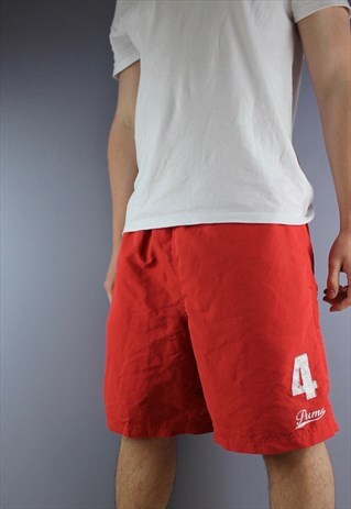 VINTAGE PUMA SHORTS IN RED WITH POCKETS AND EMBROIDERY. HASN