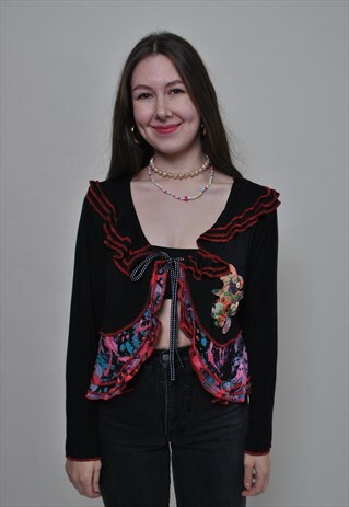 Y2K MULTICOLOR CROPPED BLOUSE, TIE COLLAR STRETCHY BLACK TOP