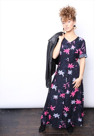 VINTAGE 90S BLACK PINK FLORAL MIDI BUTTON DRESS