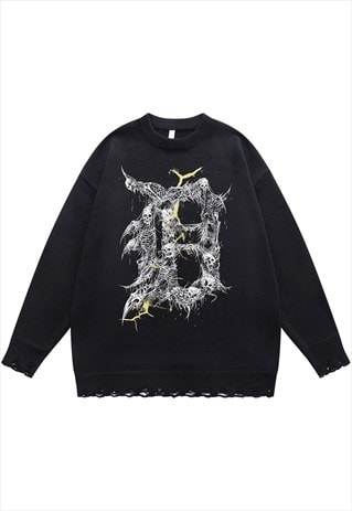 SKELETON SWEATER KNIT DISTRESSED JUMPER GOTHIC TOP IN BLACK