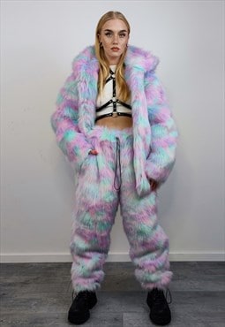 Marshmallow faux fur joggers pastel fluffy rave pants pink