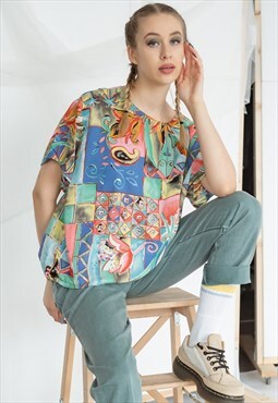 Vintage Oversized Short Sleeve Colourful Floral Shirt M