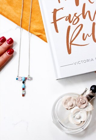 SILVER JEWELED STONE MONOGRAM INITIAL 'T' STATEMENT NECKLACE