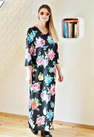 BLACK VINTAGE MAXI DRESS WITH BRIGHT FLOWERS