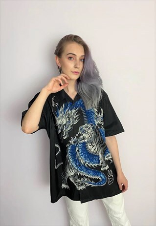 VINTAGE 90S BLACK YIN YANG TIGER DRAGON BLUE GREY BLOUSE