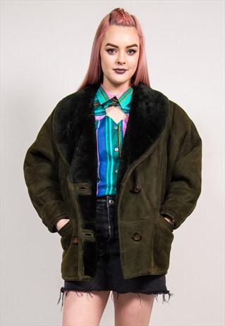 VINTAGE 90'S GREEN FAUX SHERLING LINED SUEDE SHEEPSKIN COAT