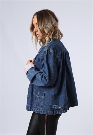 DENIM JACKET OVERSIZED STRIPE FITTED VINTAGE UK 16 (BCQ)
