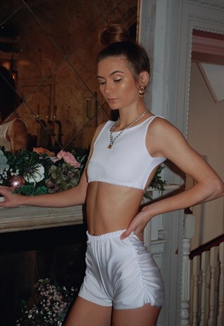 WHITE LYCRA RUCHED HIGH WAISTED SHORTS