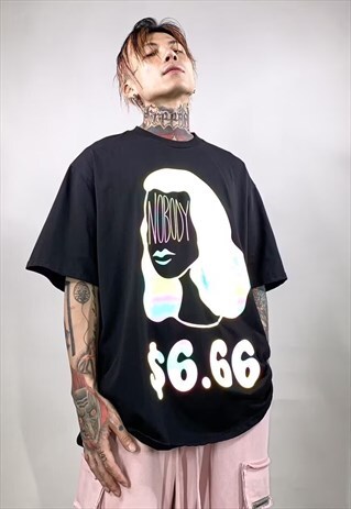 REFLECTIVE MONEY GIRL PRINT TEE NOBODY PAID SLOGAN T-SHIRT