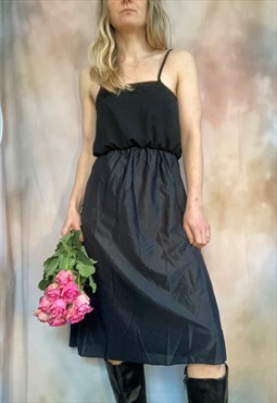 Satin Long Midi Slip Dress in Black with Lace