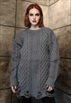 RIPPED CHUNKY SWEATER KNITTED DISTRESSED CABLE JUMPER GREY