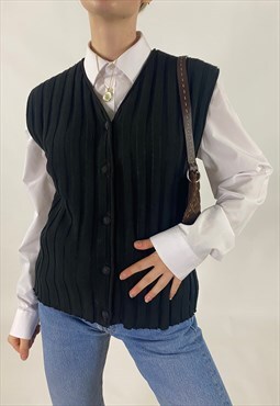 90s Vintage Black Ribbed Button Down Sweater Vest