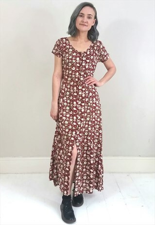 VINTAGE 90'S BURGUNDY FLORAL BUTTON DOWN DRESS