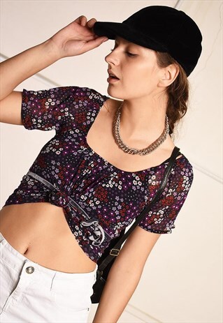Y2K RETRO FLORAL PRINT SHEER MESH FESTIVAL TOP