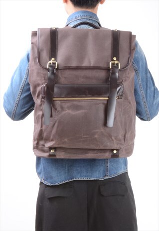 LARGE WAXED CANVAS AND LEATHER BACKPACK