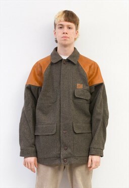 WENAAS Vintage men L Jacket Coat Wool Retro Leather Shoulder