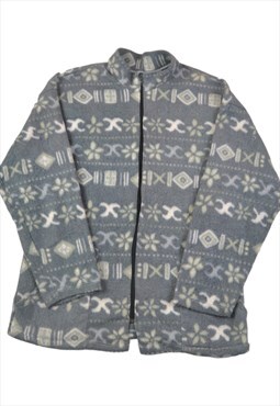 Vintage Fleece Jacket Retro Pattern Grey Ladies Medium