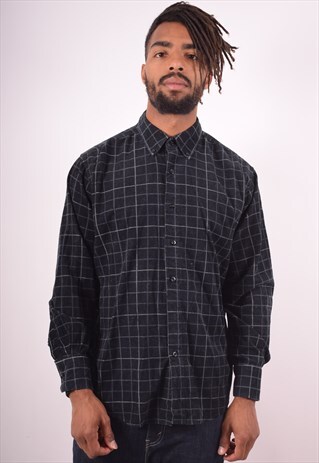 MENS VINTAGE CORDUROY SHIRT LARGE BLACK CHECK 90S