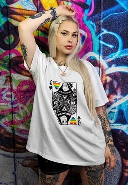 Gay Queen t-shirt LGBT rainbow heart tee Pride top in white