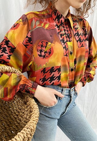 VINTAGE 80S DOGTOOTH ABSTRACT PRINT HAUTE BOHEME BLOUSE TOP