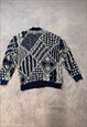 VINTAGE ABSTRACT KNITTED CARDIGAN PATTERNED GRANDAD SWEATER