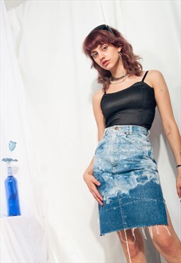Vintage Denim Skirt 80s Reworked Tie-dye Bleach Midi