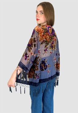 Vintage Style Kimono Grey Tassel Fringed Floral Velvet 