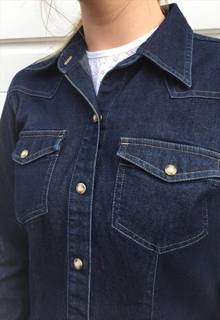 WOMENS 90S LIZ CLAIBORNE SHIRT DARK BLUE DENIM TOP BLOUSE