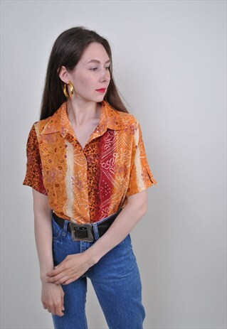 80S FLORAL PRINT ORANGE SHORT SLEEVE BLOUSE, SIZE S