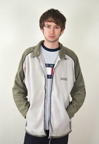 1990S VINTAGE BEIGE & GREEN FULL ZIP FLEECE JACKET