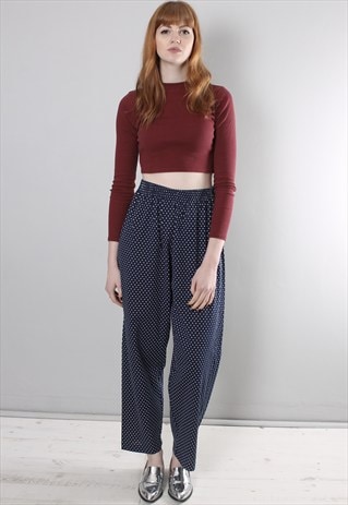 VINTAGE 80S BLUE POLKA DOT PATTERNED HIGH WAISTED TROUSERS