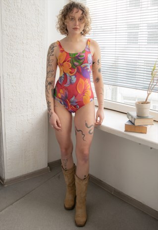 Vintage 80's Red Floral Print Bohemian Swimsuit