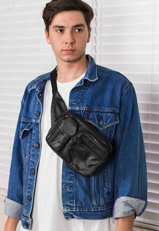 VINTAGE BLACK CROSS BODY BUM BAG 90S X 10.2
