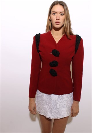 VINTAGE 1940'S 40'S CRIMSON RED WOOL TAILORED JACKET S-M